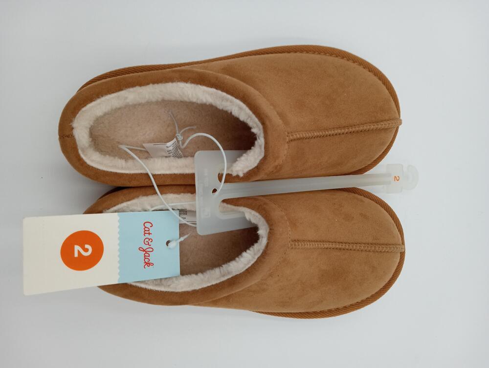 Cat & Jack Slippers Shoes Kids Size 2 Brown Nola Faux Fur Lined House Cozy